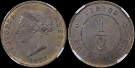 CYPRUS: 1/2 Piastre (1887) in bronze. Crowned head of Queen Victoria facing left on obverse. Denomination within circle on reverse. Inside slab by NGC...