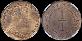 CYPRUS: 1/4 Piastre (1905) in bronze. Crowned bust of King Edward VII facing right on obverse. Denomination within circle and date below on reverse. I...