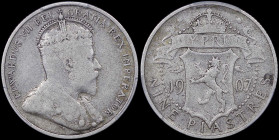 CYPRUS: 9 Piastres (1907) in silver (0,925). Crowned bust of King Edward VII facing right on obverse. Crowned arms divide date, denomination below on ...