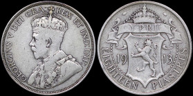 CYPRUS: 18 Piastres (1913) in silver (0,925). Crowned bust of King George V facing left on obverse. Crowned arms divide date, denomination below on re...