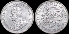 CYPRUS: 45 Piastres (1928) in silver (0,925) commemorating the 50th anniversary of British rule on the island. Crowned bust of King George V facing le...