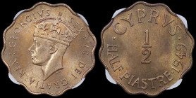 CYPRUS: 1/2 Piastre (1949) in bronze. Crowned head of King George VI facing left on obverse. Denomination and date on reverse. Inside slab by NGC "MS ...
