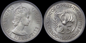 CYPRUS: 25 Mils (1955) in copper-nickel. Crowned bust of Queen Elizabeth II facing right. Bull head above denomination on reverse. Inside slab by PCGS...