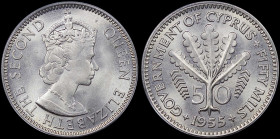 CYPRUS: 50 Mils (1955) in copper-nickel. Crowned bust of Queen Elizabeth II facing right. Fern leaves divide denomination on reverse. Inside slab by P...