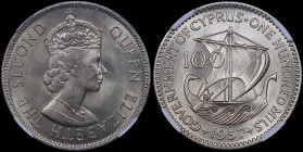 CYPRUS: 100 Mils (1957) in copper-nickel. Crowned bust of Queen Elizabeth II facing right on obverse. Stylized ancient merchant ship on reverse. Insid...
