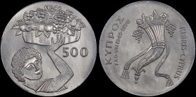 CYPRUS: 500 Mils (1970) in copper-nickel from F.A.O. issue. Double cornucopia (as on the ancient coins of Ptolemy II) on obverse. Figure holding tray ...