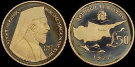 CYPRUS: 50 Pounds (1977) in gold (0,917). Bust of Archbishop Makarios facing right on obverse. Ship above map, dolphins, date and denomination below o...
