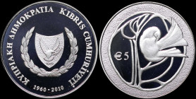 CYPRUS: 5 Euro (2010) in silver (0,925) commemorating the 50th Anniversary of the Republic of Cyprus. National arms on obverse. Bird in stylized tree ...
