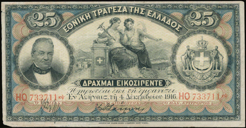 GREECE: 25 Drachmas (4.12.1916) in black on red and blue unpt. Portrait of G Sta...