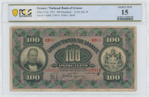 GREECE: 100 Drachmas (15.3.1917) in black on purple and green unpt. Portrait of G Stavros at left and arms of King George I at right on face. S/N: "BB...