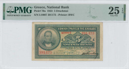 GREECE: 5 Drachmas (24.3.1923) in green on orange unpt. Portrait of G Stavros at left on face. S/N: "ΑΩ007 391175". Printed signature by Papadakis. Pr...