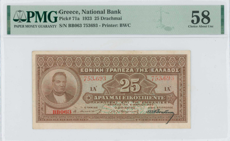 GREECE: 25 Drachmas (5.3.1923) in brown. Portrait of G Stavros at left on face. ...