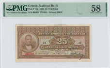 GREECE: 25 Drachmas (5.3.1923) in brown. Portrait of G Stavros at left on face. S/N: "BB063 753693". Printed signature by Papadakis. Printed by BWC. I...