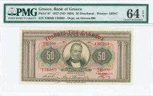 GREECE: 50 Drachmas (ND 1929 / 24.5.1927) in light brown on multicolor unpt. Portrait of G Stavros at center on face. S/N: "ΞΒ069 136989". Red ovpt "Τ...