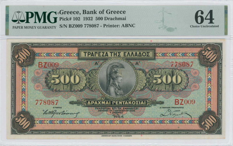 GREECE: 500 Drachmas (1.10.1932) in multicolor. Goddess Athena at center on face...