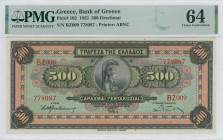 GREECE: 500 Drachmas (1.10.1932) in multicolor. Goddess Athena at center on face. S/N: "ΒZ009 778087. Printed by ABNC. Inside holder by PMG "Choice Un...