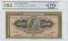 GREECE: 5000 Drachmas (1.9.1932) in brown on multicolor. Portrait of Athena at center on face. S/N: "ΑΘ025 756995". Printed by ABNC. Inside holder by ...