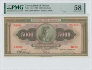 GREECE: 5000 Drachmas (1.9.1932) in brown on multicolor. Goddess Athena at center on face. S/N: "ΑΚ007 937673". Printed by ABNC. Inside holder by PMG ...