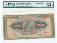 GREECE: Upper marginal specimen of 5000 Drachmas (1.9.1932) in brown on multicolor. Goddess Athena at center on face. S/N: "AA092 00000". Two red ovpt...