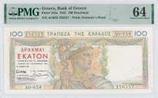 GREECE: 100 Drachmas (1.9.1935) in multicolor. God Hermes at center on face. S/N: "ΑO058 256557". WMK: Demeter Head. Printed in France. Inside holder ...