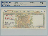 GREECE: 100 Drachmas (1.9.1935) in multicolor. God Hermes at center on face. S/N: "ΑΣ029 175320". WMK: Goddess Demeter. Printed in France. Inside hold...