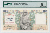 GREECE: 1000 Drachmas (1.5.1935) in multicolor. Young girl wearing traditional costume from Spetses at center on face. S/N: "AI017 168524". WMK: God P...