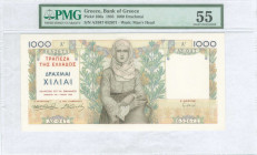 GREECE: 1000 Drachmas (1.5.1935) in multicolor. Young girl wearing traditional costume from Spetses at center on face. S/N: "AZ047 652671". WMK: God P...