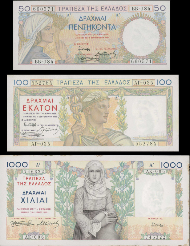 GREECE: Lot of 3 banknotes composed of 50 Drachmas (1.9.1935), 100 Drachmas (1.9...