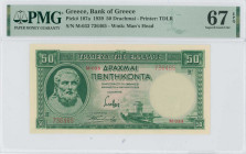 GREECE: 50 Drachmas (1.1.1939) in green. Hesiod at left and the White Tower of Thessaloniki at bottom right center on face. Red S/N: "M-033 736465". W...