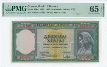 GREECE: 1000 Drachmas (1.1.1939) in green. Girl in traditional Athenian costume at right on face. S/N: "H-028 131512". WMK: Archaic head. Printed by (...