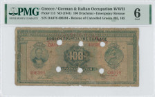 GREECE: 100 Drachmas (14.6.1927) of 1941 Emergency re-issue cancelled banknote with black box-cachet "ΤΡΑΠΕΖΑ ΤΗΣ ΕΛΛΑΔΟΣ ΕΝ ΒΟΛΩ" (Very Common) on ba...