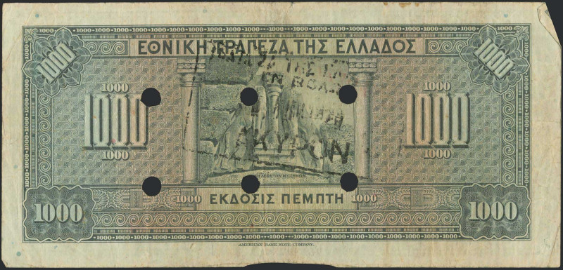 GREECE: 1000 Drachmas (4.11.1926) of 1941 Emergency re-issue cancelled banknote ...