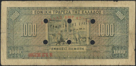 GREECE: 1000 Drachmas (15.10.1926) of 1941 Emergency re-issue cancelled banknote with black box-cachet "ΤΡΑΠΕΖΑ ΤΗΣ ΕΛΛΑΔΟΣ ΕΝ ΔΡΑΜΑ" (Common) on back...
