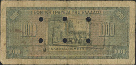 GREECE: 1000 Drachmas (15.10.1926) of 1941 Emergency re-issue cancelled banknote with black box-cachet "ΤΡΑΠΕΖΑ ΤΗΣ ΕΛΛΑΔΟΣ ΕΝ ΚΑΒΑΛΛΑ ΜΑΡ. 1939" (Ver...