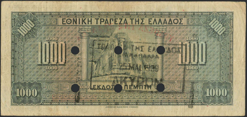 GREECE: 1000 Drachmas (4.11.1926) of 1941 Emergency re-issue cancelled banknote ...