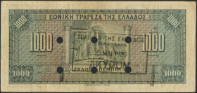 GREECE: 1000 Drachmas (4.11.1926) of 1941 Emergency re-issue cancelled banknote with black box-cachet "ΤΡΑΠΕΖΑ ΤΗΣ ΕΛΛΑΔΟΣ ΕΝ ΚΑΒΑΛΛΑ 25 MAI. 1939" (V...