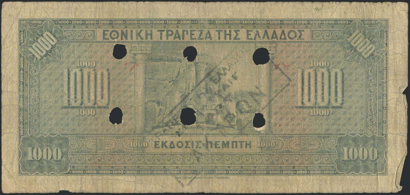 GREECE: 1000 Drachmas (15.10.1926) of 1941 Emergency re-issue cancelled banknote...