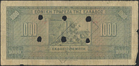 GREECE: 1000 Drachmas (15.10.1926) of 1941 Emergency re-issue cancelled banknote with black box-cachet "ΤΡΑΠΕΖΑ ΤΗΣ ΕΛΛΑΔΟΣ ΕΝ ΠΑΤΡΑΙΣ" (Very Common) ...