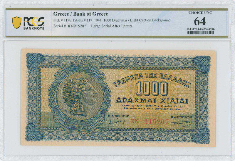 GREECE: 1000 Drachmas (1.10.1941) in blue on orange unpt. Alexander the Great at...