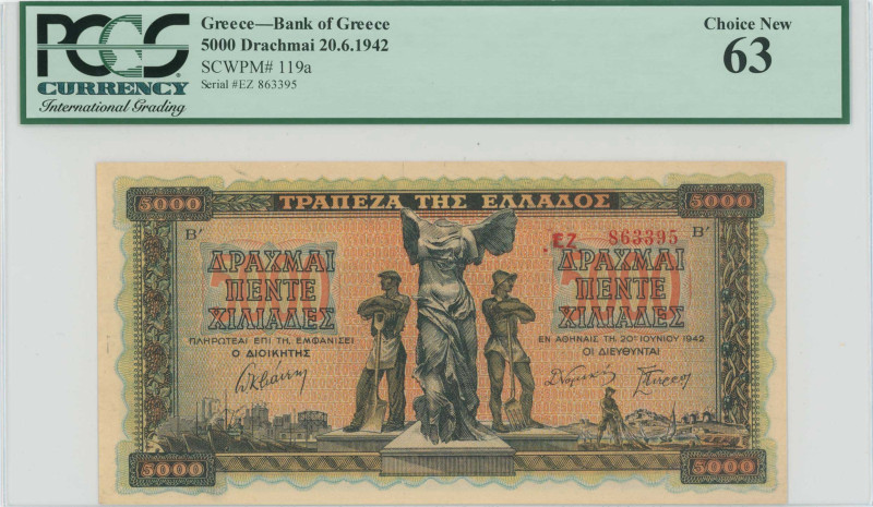 GREECE: 5000 Drachmas (20.6.1942) in black on orange, blue and green unpt. Statu...