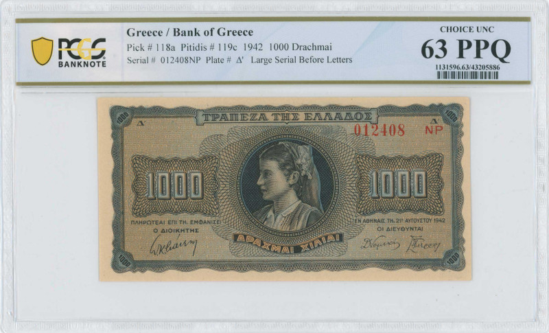 GREECE: 1000 Drachmas (21.8.1942) in black on blue and orange unpt. Girl in trad...