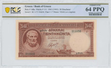 GREECE: Lot composed of 2x 50 Drachmas (ND 1945 / old date 1.1.1945) in red. Hesiod at left on face. Consecutive S/Ns: "β.Γ171 916656 / 916657". WMK: ...