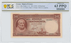 GREECE: 50 Drachmas (ND 1945 / old date 1.1.1941) in red. Hesiod at left on face. S/N: "β.Γ-171 916652". WMK: Goddess Athena. Printed by (TDLR). Insid...