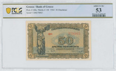 GREECE: 50 Drachmas (9.11.1944) in brown on blue and gold unpt. Statue of Nike of Samothrace at left on face. S/N: "BM 378965". Printed in Athens. Ins...