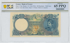 GREECE: 100 Drachmas (ND 1944) in deep blue on blue and gold unpt. Kanaris at right on face. S/N: "θ.Z-186 453033". WMK: Themistocles. Printed by (W&S...