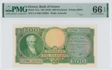 GREECE: 500 Drachmas (ND 1945) in green on light orange unpt with portrait of Kapodistrias at left. First type S/N: "λ.Υ-046 725034". WMK: Aristotle. ...