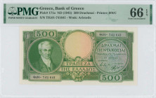 GREECE: 500 Drachmas (ND 1945) in green on light orange unpt with portrait of Kapodistrias at left. Second type S/N: "Θ.01- 741641". WMK: Aristotle. P...