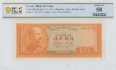 GREECE: 10 Drachmas (1.3.1955) in orange on light blue unpt. King George I at left on face. S/N: "γ.03 258574". WMK: God Apollo. Printed by the Bank o...