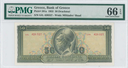 GREECE: 50 Drachmas (1.3.1955) in deep green on light blue, orange and light green unpt. Pericles at center on face. S/N: "γο. 428527". WMK: General M...