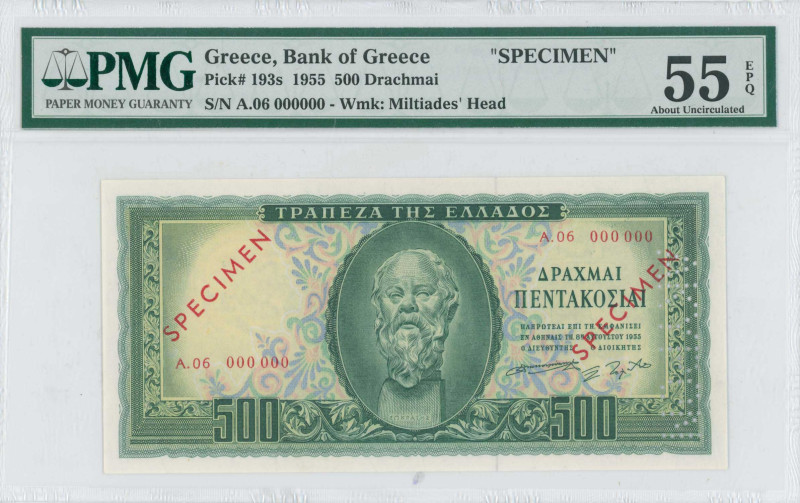 GREECE: Specimen of 500 Drachmas (8.8.1955) in deep green on light blue, light o...